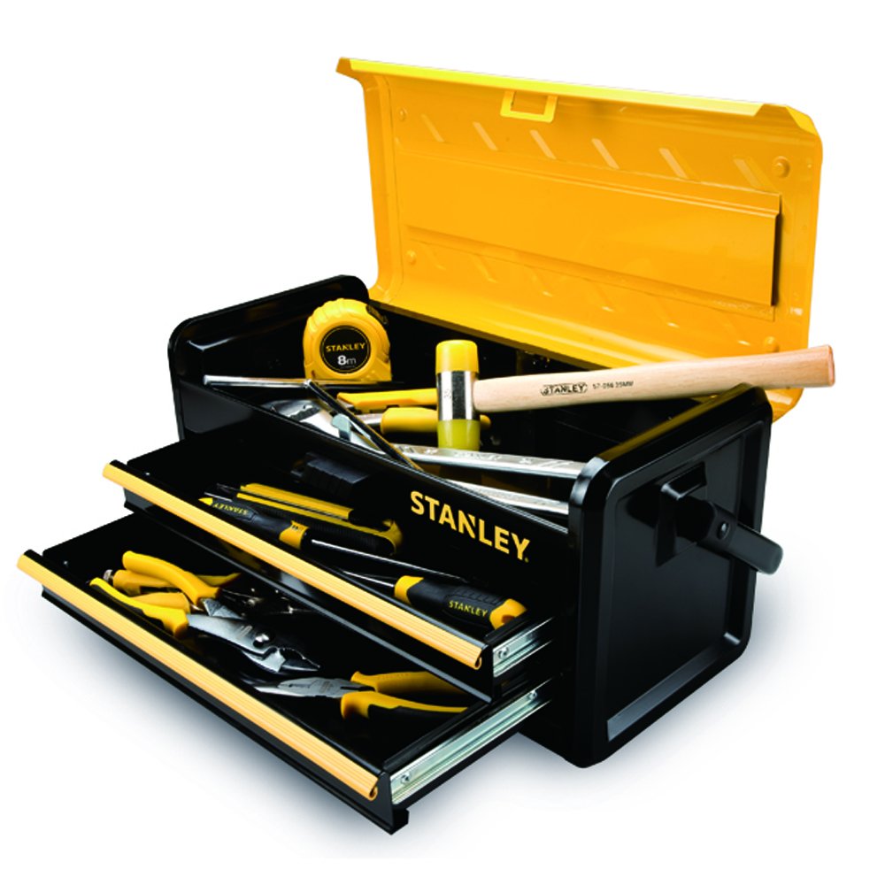 DIY toolbox rental with screwdrivers wrenches measuring tape and hammer